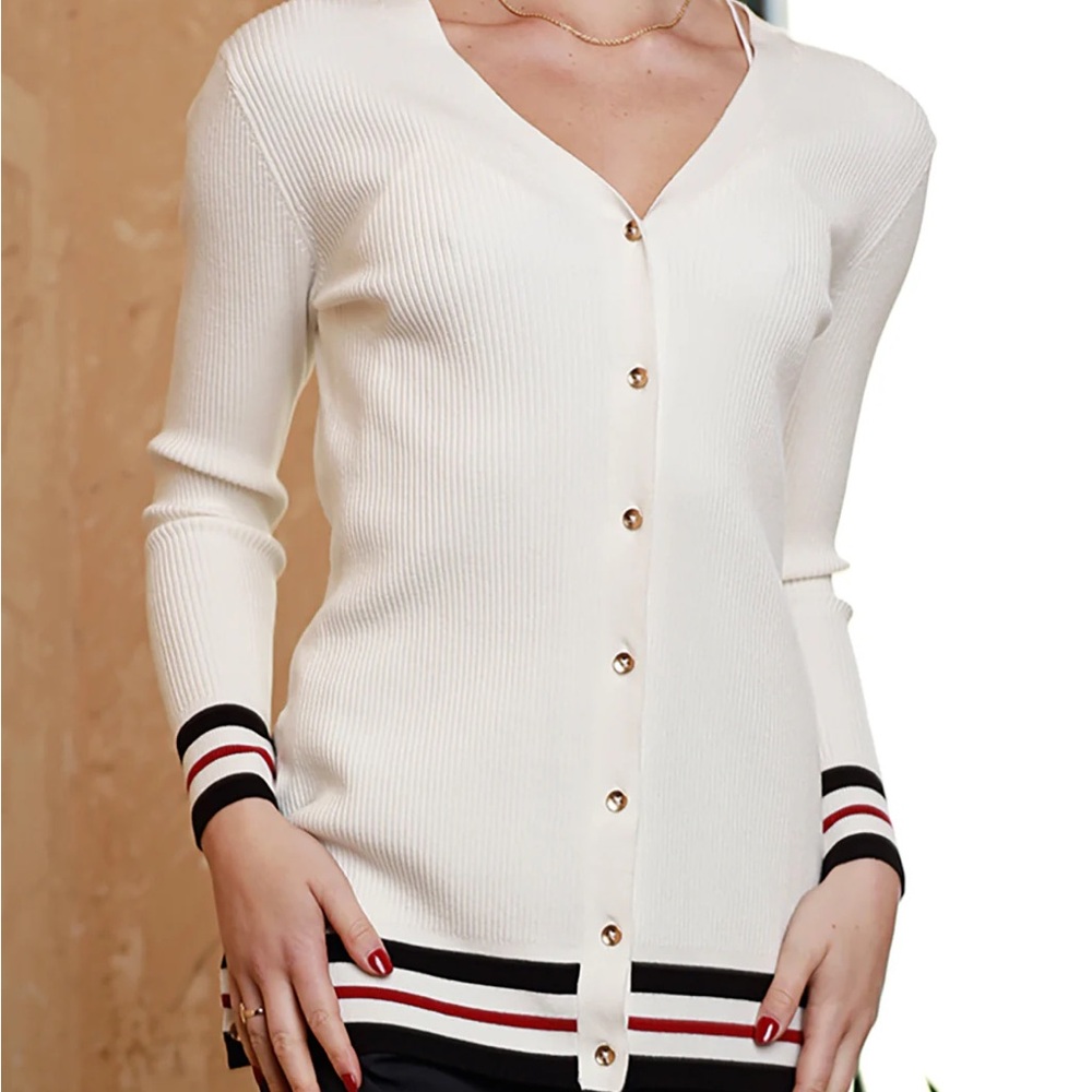 Dolce Cabo White Cardigan with Black and Red Accents New in Poly-Seal Bag